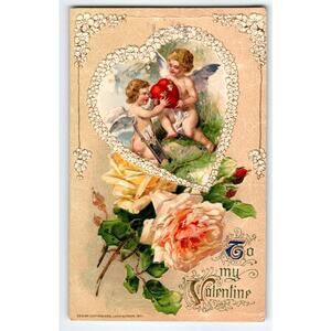 1911 John Winsch Valentine Postcard – Embossed Cherubs & Roses – Mailed 1913